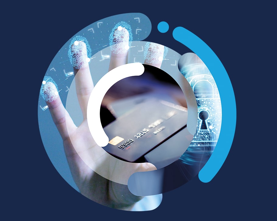 Logo bleu avec main empreintes digitales et carte de crédit