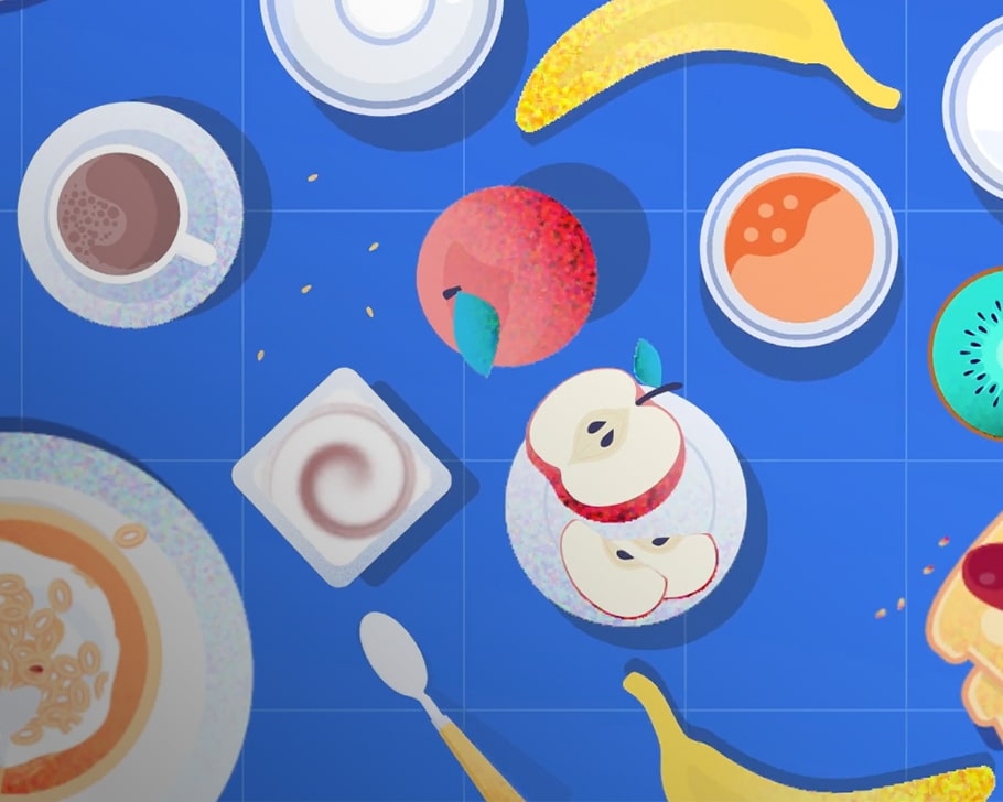 Illustration 2D fruits et lait petit-déjeuner